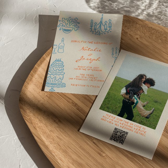Invitation Mariage Code QR Photo Orange Bleu Dessiné à la Mai (Créateur téléchargé)