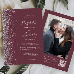 Invitation Mariage Code QR Photo Pailleté Argent Burgundy Fon