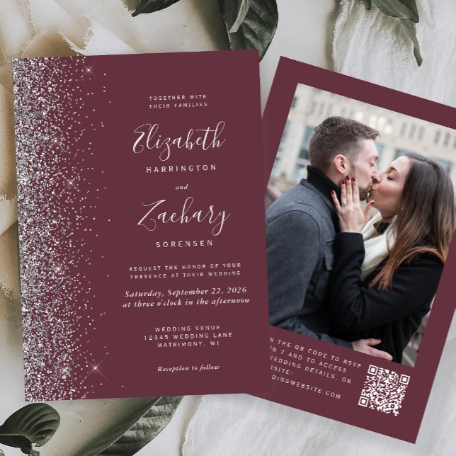Invitation Mariage Code QR Photo Pailleté Argent Burgundy Fon (Créateur téléchargé)