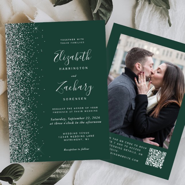 Invitation Mariage Code QR Photo Pailleté Argent Vert Emeraud (Créateur téléchargé)