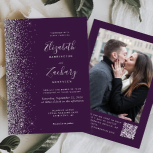 Invitation Mariage Code QR Photo Pailleté Argent Violet Foncé