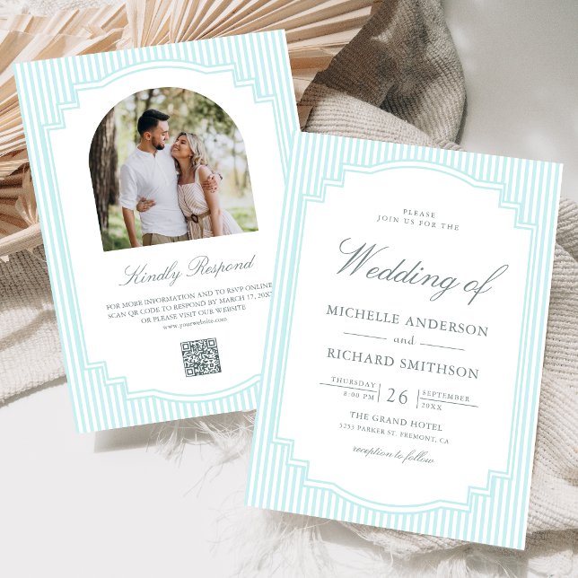 Invitation Mariage Code QR Photo Rayé Bleu Pastel Classique (Créateur téléchargé)