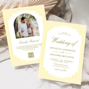 Invitation Mariage Code QR Photo Rayé Jaune Classique