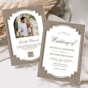 Invitation Mariage Code QR Photo Rayé Marron Chocolat