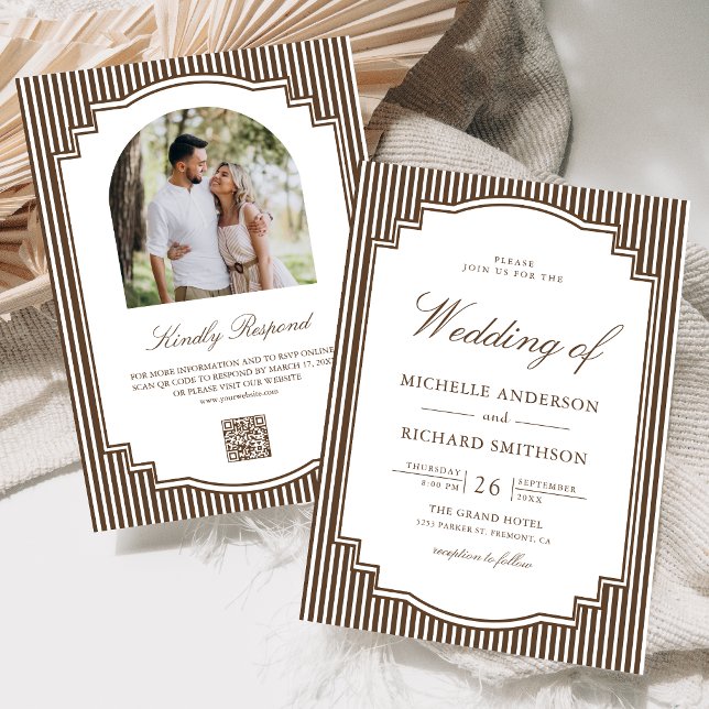 Invitation Mariage Code QR Photo Rayé Marron Chocolat (Créateur téléchargé)