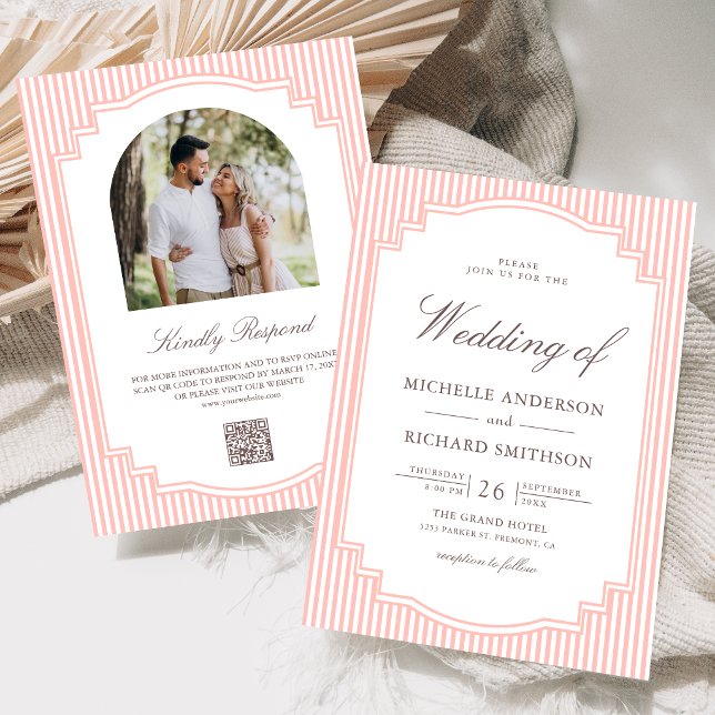 Invitation Mariage Code QR Photo Rayé Rose Corail Pastel (Créateur téléchargé)