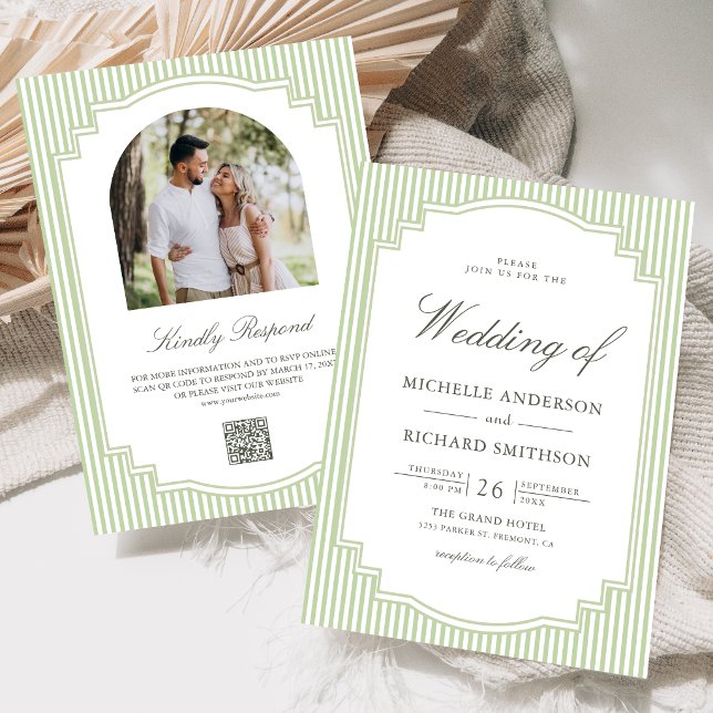 Invitation Mariage Code QR Photo Rayé Vert Sauge Classique (Créateur téléchargé)