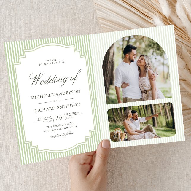 Invitation Mariage Code QR Photo Rayé Vert Sauge Classique (Créateur téléchargé)