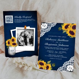 Invitation Mariage Code QR Photo Tournesol Bois Navy Dentelle