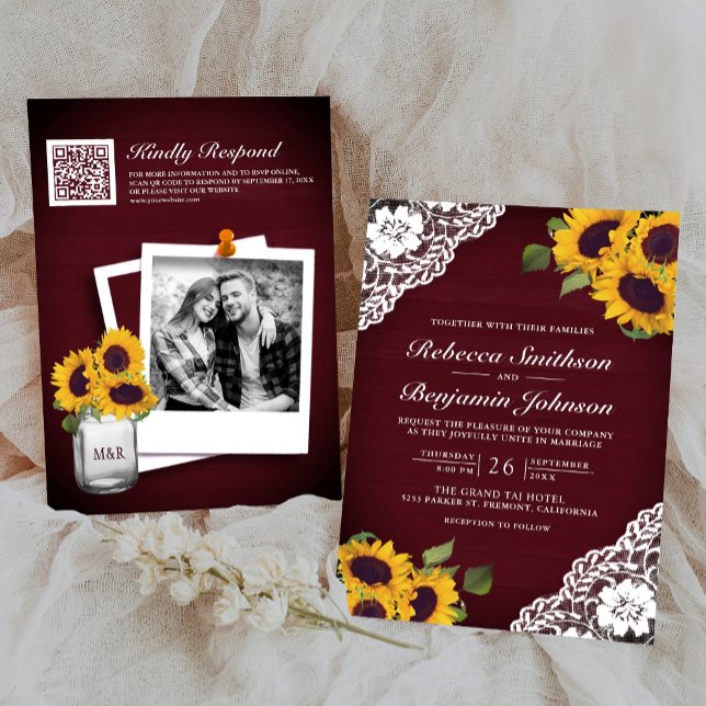 Invitation Mariage Code QR Photo Tournesol Dentelle Bois Bour (Créateur téléchargé)