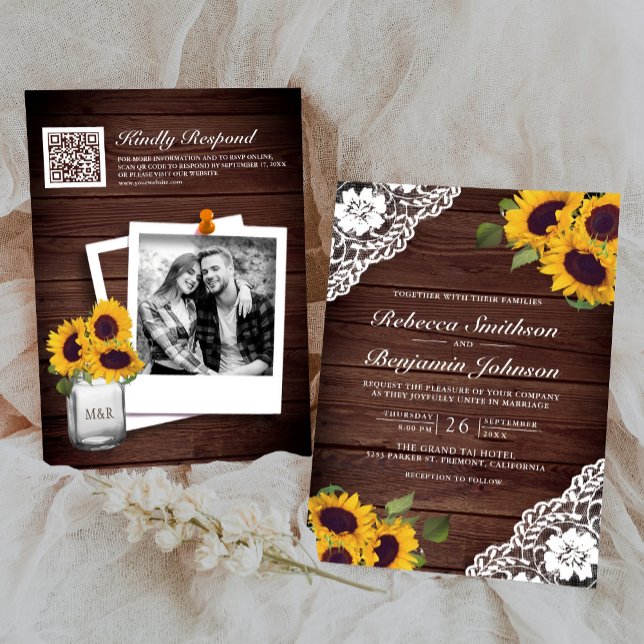 Invitation Mariage Code QR Photo Tournesol Dentelle Bois Rust (Créateur téléchargé)