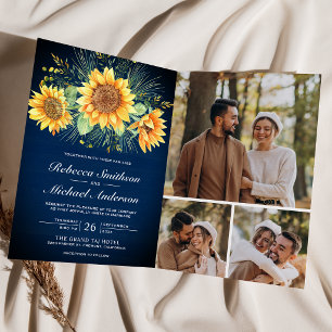 Invitation Mariage Code QR Photo Tournesols Bois Bleu Marine