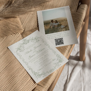 Invitation Mariage Code QR Photo Vert Sauge Argenté Vintage