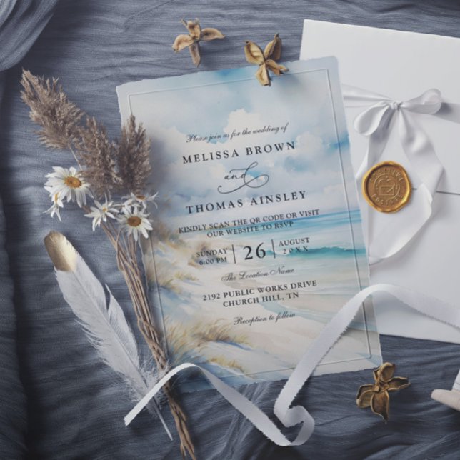 Invitation Mariage Code QR Plage Côtière Océan Aquarelle (Créateur téléchargé)