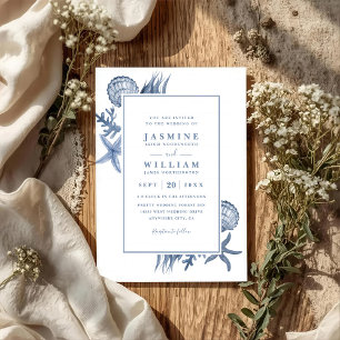 Invitation Mariage Code QR Plage Océanique Coquillages Bleus