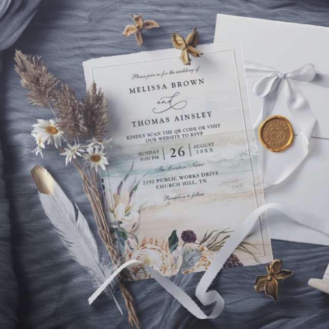 Invitation mariage code qr plage protea floraux tropicaux (Créateur téléchargé)