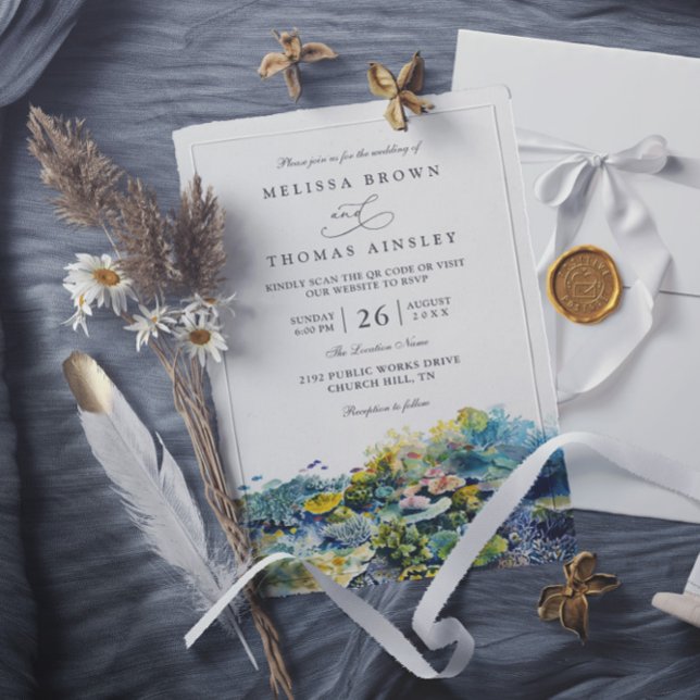 Invitation Mariage Code QR Plage Récif Corail Poisson Tropica (Créateur téléchargé)