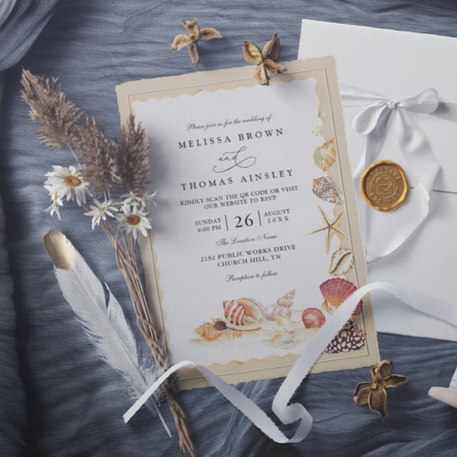 Invitation Mariage Code QR Plage Sable Mer Coquillages Élégan (Créateur téléchargé)