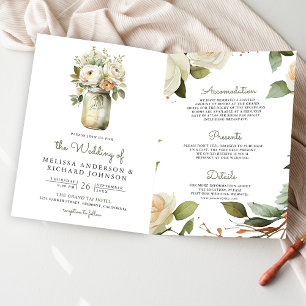 Invitation Mariage Code QR Pot Mason Feuilles de Sauge Roses 