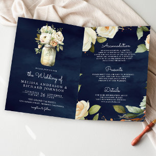 Invitation Mariage Code QR Pot Mason Roses Blanches Bleu Mari