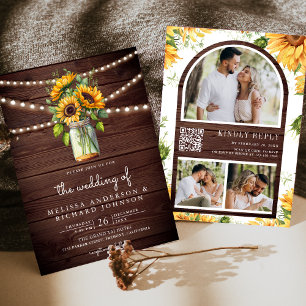 Invitation Mariage Code QR Pot Mason Tournesols Bois Rustique