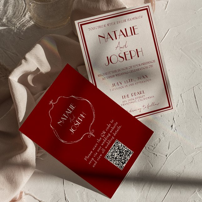 Invitation Mariage Code QR Rétro Argent Vieil Argent Bourgogn (Créateur téléchargé)