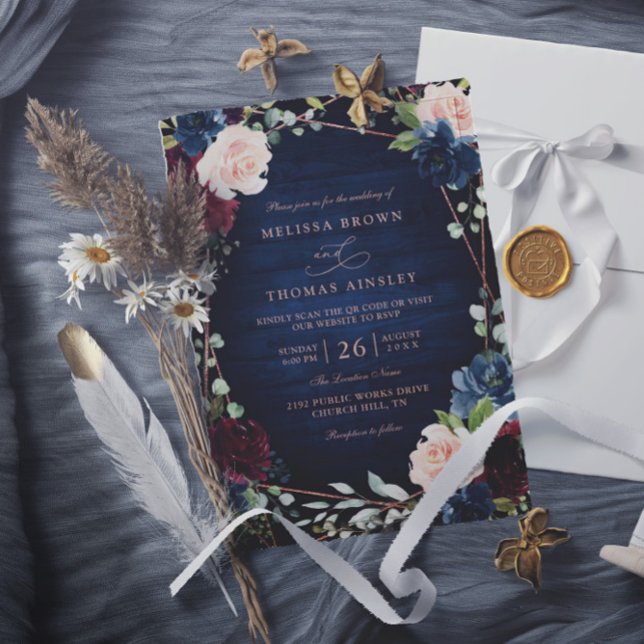 Invitation Mariage Code QR Rose Gold Burgundy Navy Blush (Créateur téléchargé)