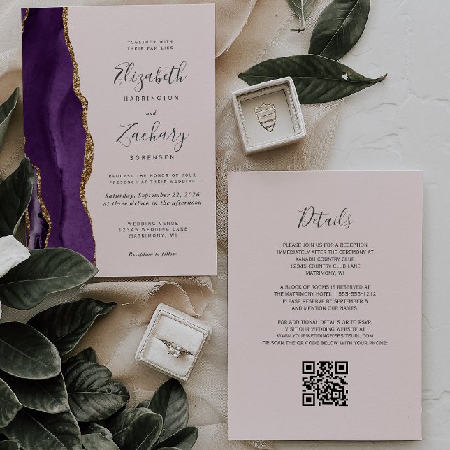 Invitation Mariage Code QR Rose Pâle Agate Or Violet (Créateur téléchargé)