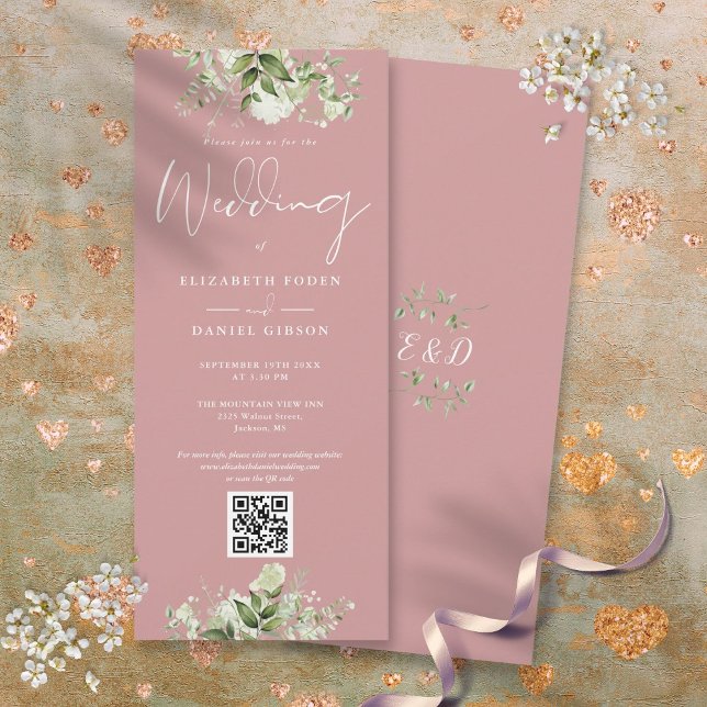 Invitation Mariage Code QR Rose Poussiéreuse Florale de Verdu (Greenery Floral Dusty Rose QR Code Wedding Invitation)