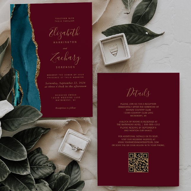 Invitation Mariage Code QR Rouge Bourgogne Agate Or Sarcelle (Créateur téléchargé)