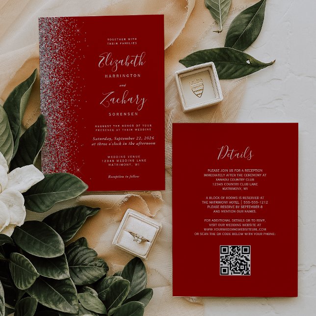 Invitation Mariage Code QR Rouge Cramoisi Paillettes Argentée (Créateur téléchargé)