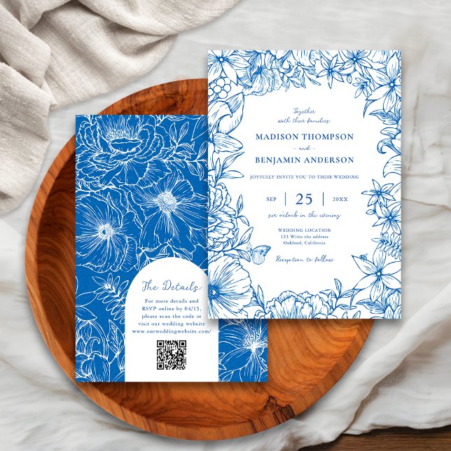 Invitation Mariage Code QR RSVP Arc de Jardin Floral Bleu Roy (Créateur téléchargé)