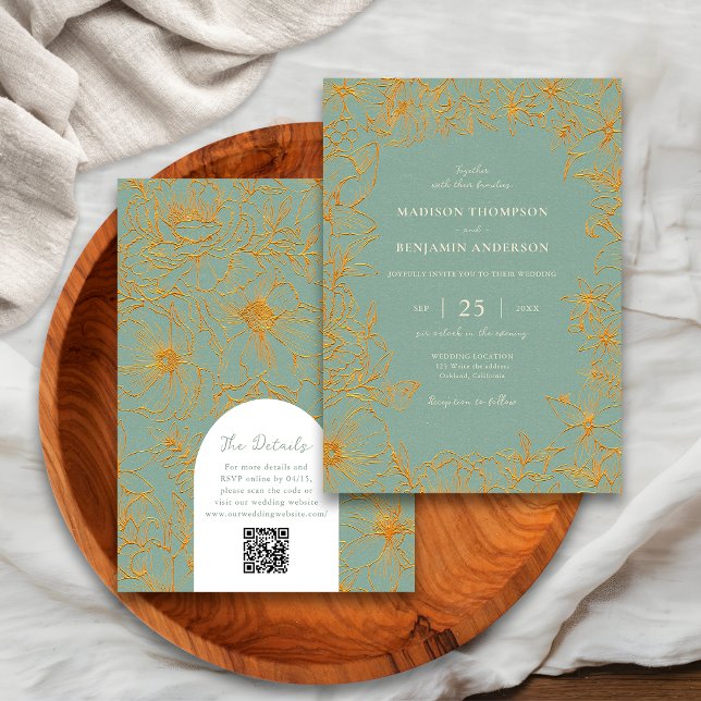Invitation Mariage Code QR RSVP Arc Floral Vert Sauge et Or (Créateur téléchargé)