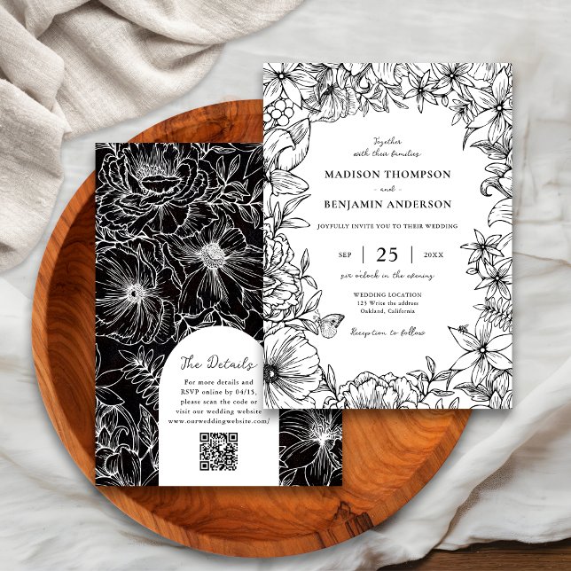 Invitation Mariage Code QR RSVP Arche Florale Noir Blanc (Créateur téléchargé)