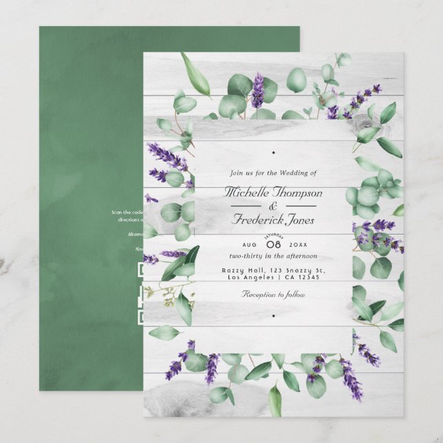 Invitation Mariage code QR RSVP Eucalyptus Lavande Verdure (Devant / Derrière)