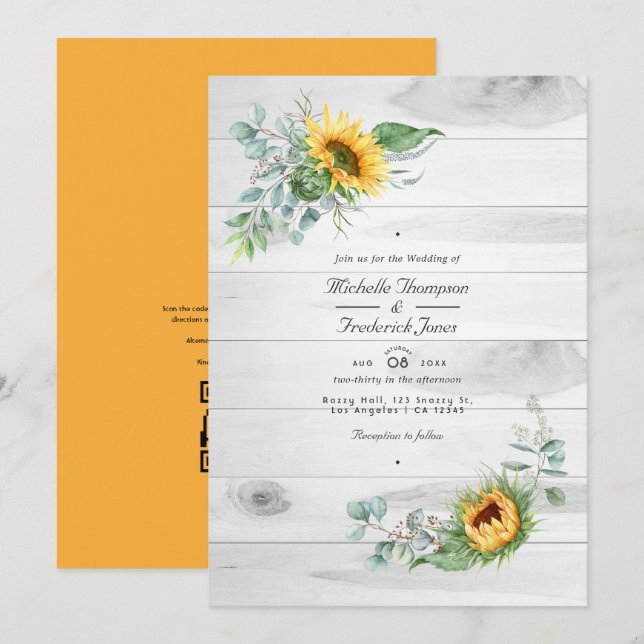 Invitation Mariage code QR RSVP Eucalyptus Tournesol Bohème (Devant / Derrière)