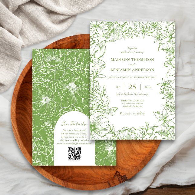 Invitation Mariage Code QR RSVP Floral Vert Citron (Créateur téléchargé)
