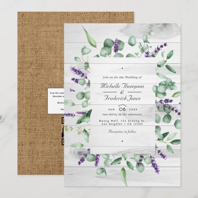 Invitation Mariage code QR RSVP rustique à la lavande d'eucal (Devant / Derrière)