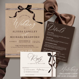 Invitation Mariage Code QR Ruban Aquarelle Brun Kraft Rustiqu