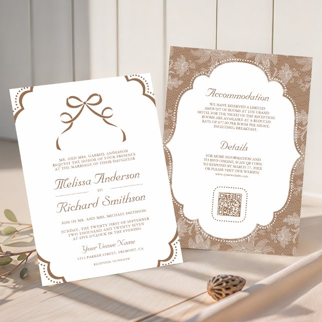 Invitation Mariage Code QR Ruban Coquette Dentelle Blanche Be (Créateur téléchargé)