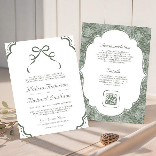 Invitation Mariage Code QR Ruban Coquette Dentelle Blanche Ve (Créateur téléchargé)
