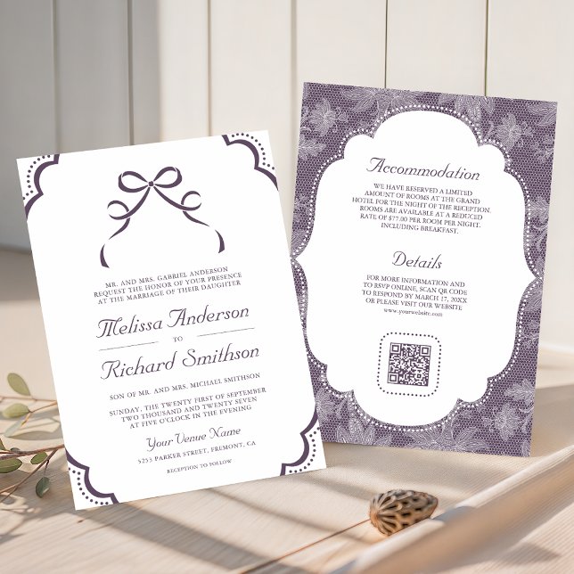 Invitation Mariage Code QR Ruban Coquette Dentelle Blanche Vi (Créateur téléchargé)