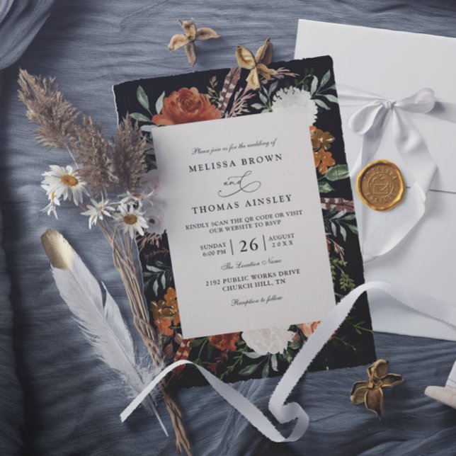 Invitation Mariage code qr rustique floral en terre cuite noi (Créateur téléchargé)