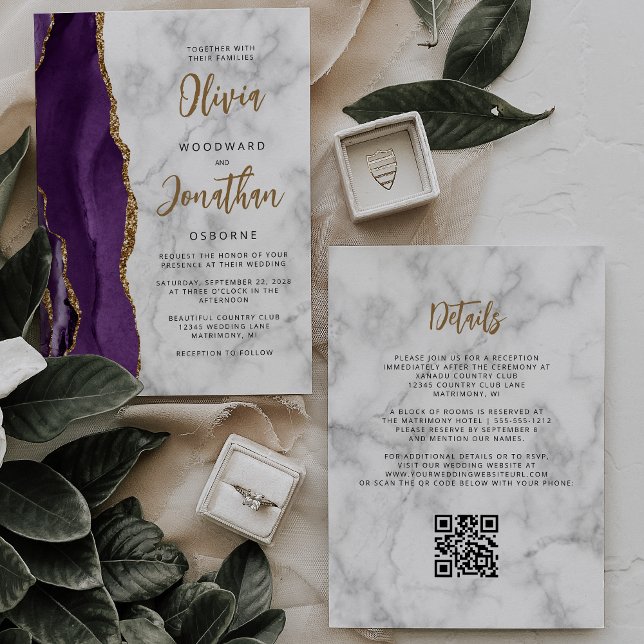 Invitation Mariage Code QR Script Ardoise Marbre Or Violet (Créateur téléchargé)
