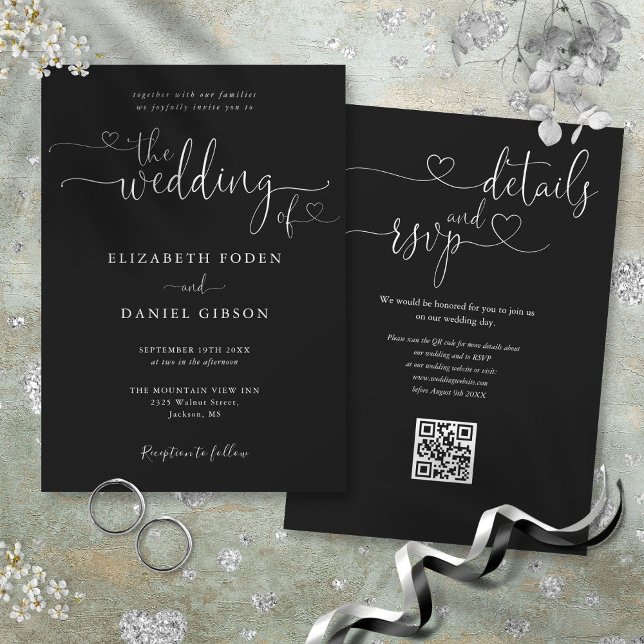 Invitation Mariage Code QR Script Cœur Noir Et Blanc (Black And White Heart Script QR Code Wedding Invitation)