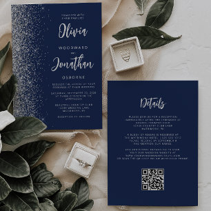 Invitation Mariage Code QR Script Pailleté Bleu Marine Argent