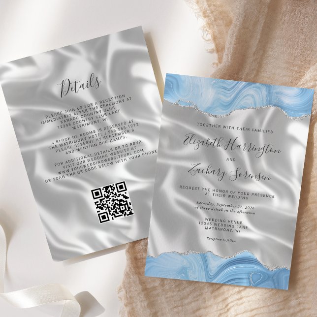 Invitation Mariage Code QR Soie Blanc Agate Argent Bleu Bébé (Créateur téléchargé)