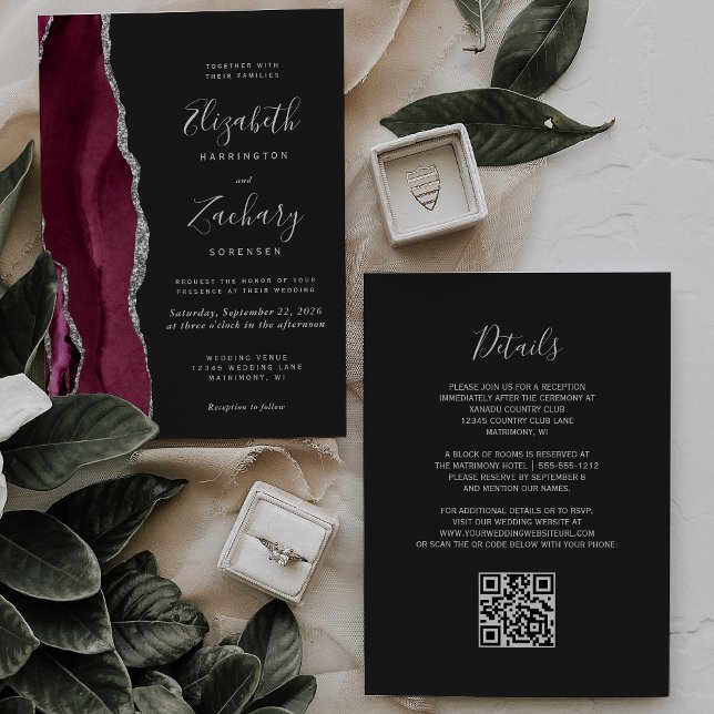 Invitation Mariage Code QR Sombre Agate Argent Bourgogne Mode (Créateur téléchargé)