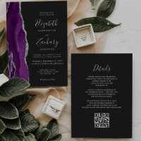 Mariage Code QR Sombre Agate Argent Violet Moderne