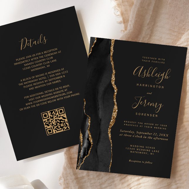 Invitation Mariage Code QR Sombre Agate Or Noir Moderne (Créateur téléchargé)